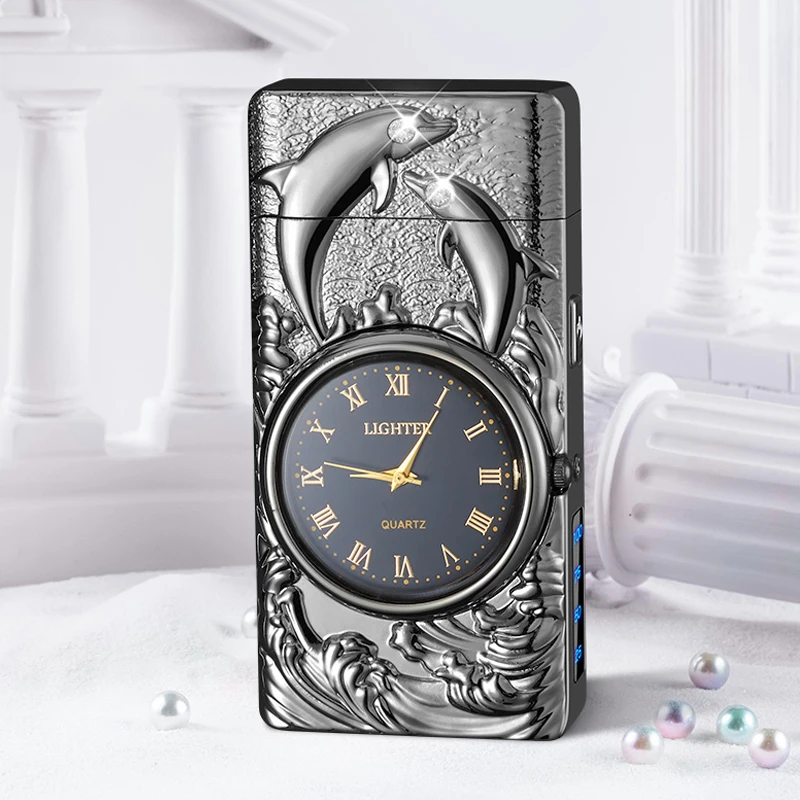 Cigarette double arc flameless windproof electric usb Dolphin lighter, custom gift electronic plasma smoking lighter with watch