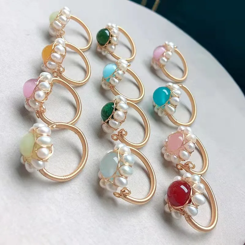 Ручная работа 14K позолоченные жемчужины исцеляющий Кристалл Камень Нефритовая проволока бисерные кольца регулируемые открытые пальцы ювелирные изделия