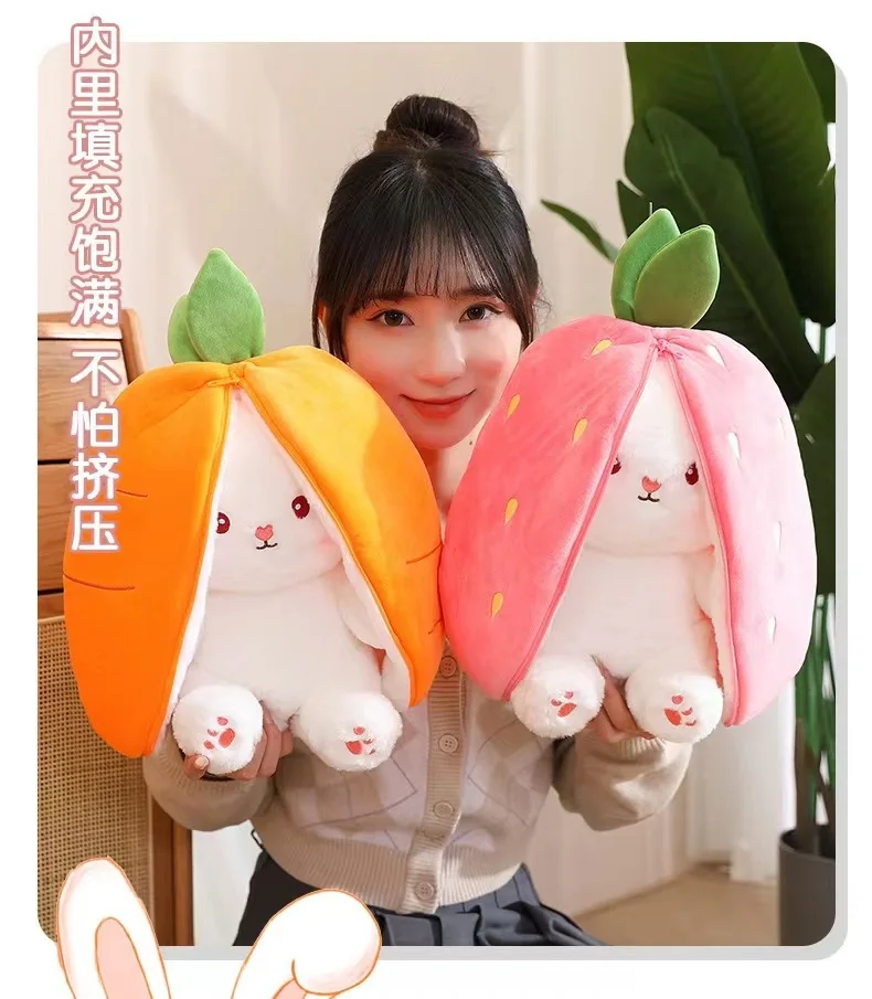 Reversible Strawberry Carrot Bunny Plush Toy with Zipper, Soft Plush Rabbit Stuffed Animal Doll