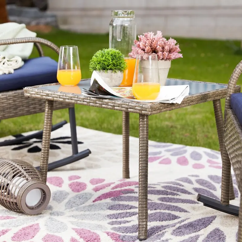 
3 piece outdoor bistro set, rocking chair, outdoor wicker rattan furniture garden sofa chair set with cushion. 