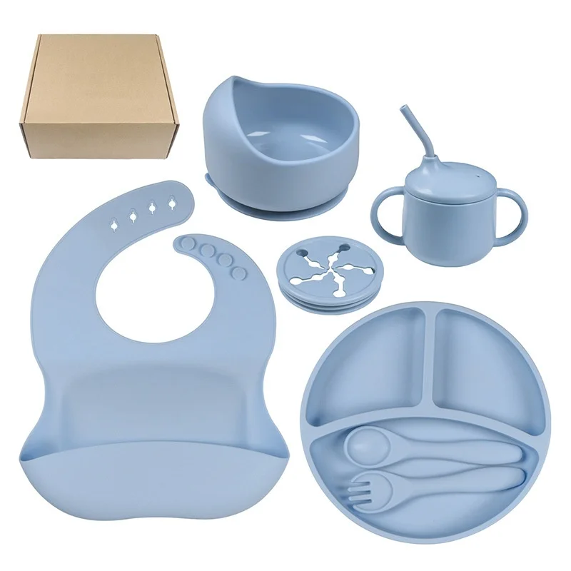 2024 hot sale Baby Feeding Food Grade Sets5/7set Silicone Suction Plate Bib Cup Set Children Dinner Feeding Cutlery Sets