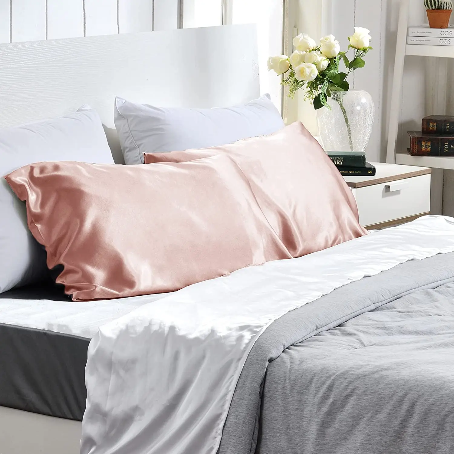 Satin Pillowcase for Hair and Skin et of 2 Silky Cooling Pillow Covers Cases with Scrunchie and Bonnet, Envelope Closure Design