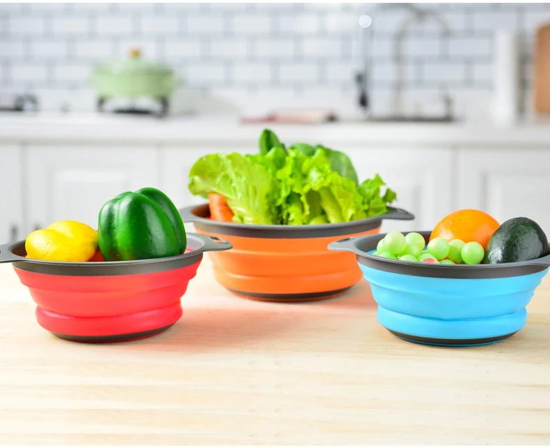 Multifuntion 2 foldable food grade round kitchen vegetable filter strainer bowl set silicone collapsible drain basket colander