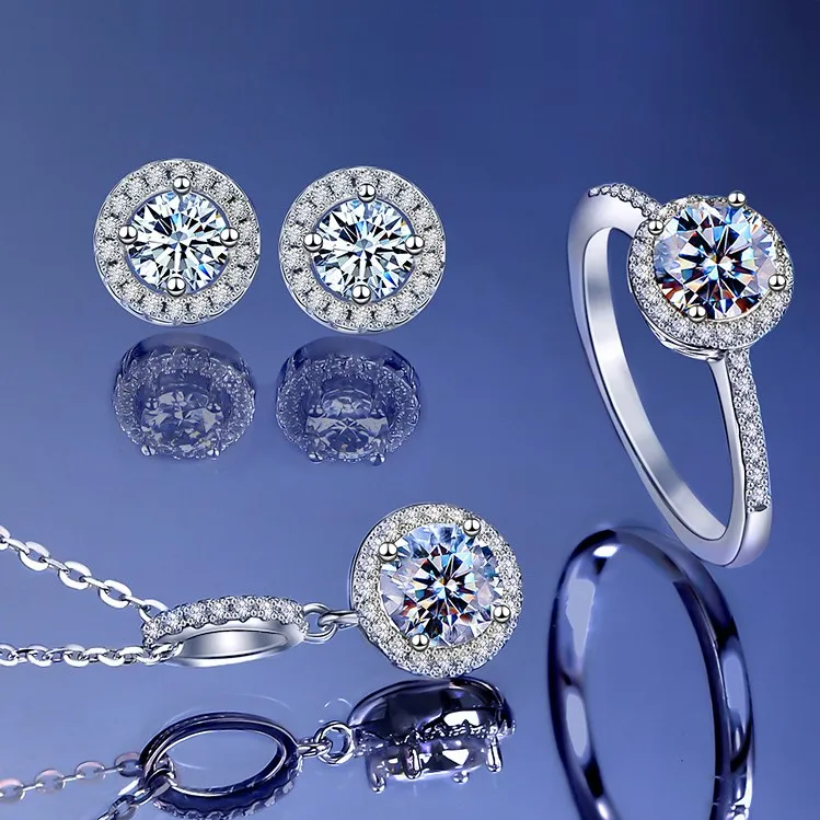 Stud earrings 925 sterling silver GRA certified moissanite pendant solitaire necklace VVS moissanite diamond ring set jewelry