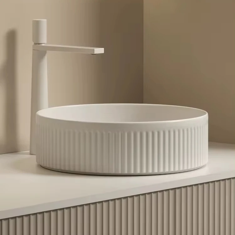 2024 Modern Design Micky White Color Ceramic Oval Round Groove Flute Shape Bathroom Art Basin Sink