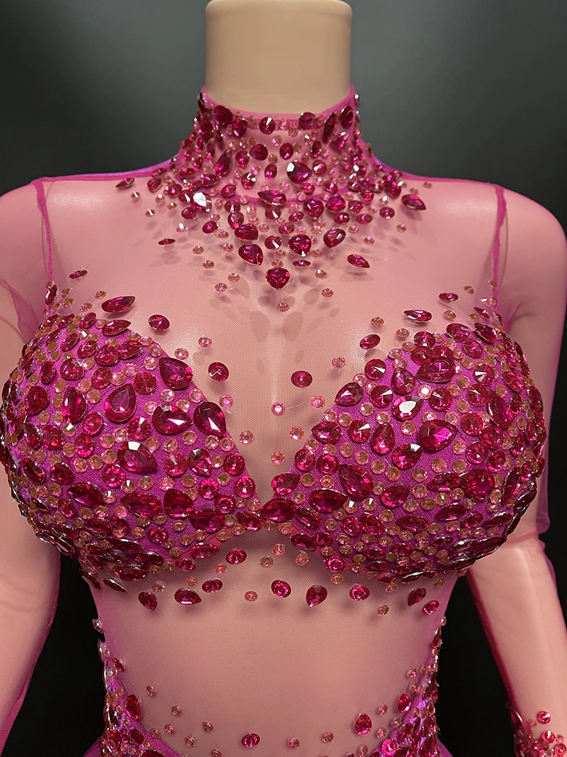 NOVANCE eco friendly products 2023 rose red high neck sparkling diamonds one piece jumpsuit romper for club bar party stage