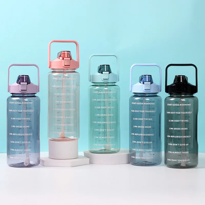 2000ml Large Motivational Water Bottle with Time Marker Leakproof Half Gallon/1 Gallon Water Bottle with Straw and Handle
