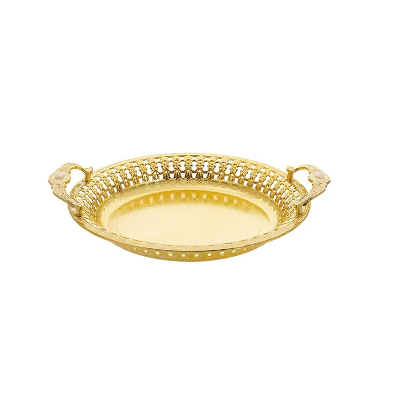 High Quality Luxury Wedding Food Decoration Tray Round Plastic Tray Golden Color With Handle