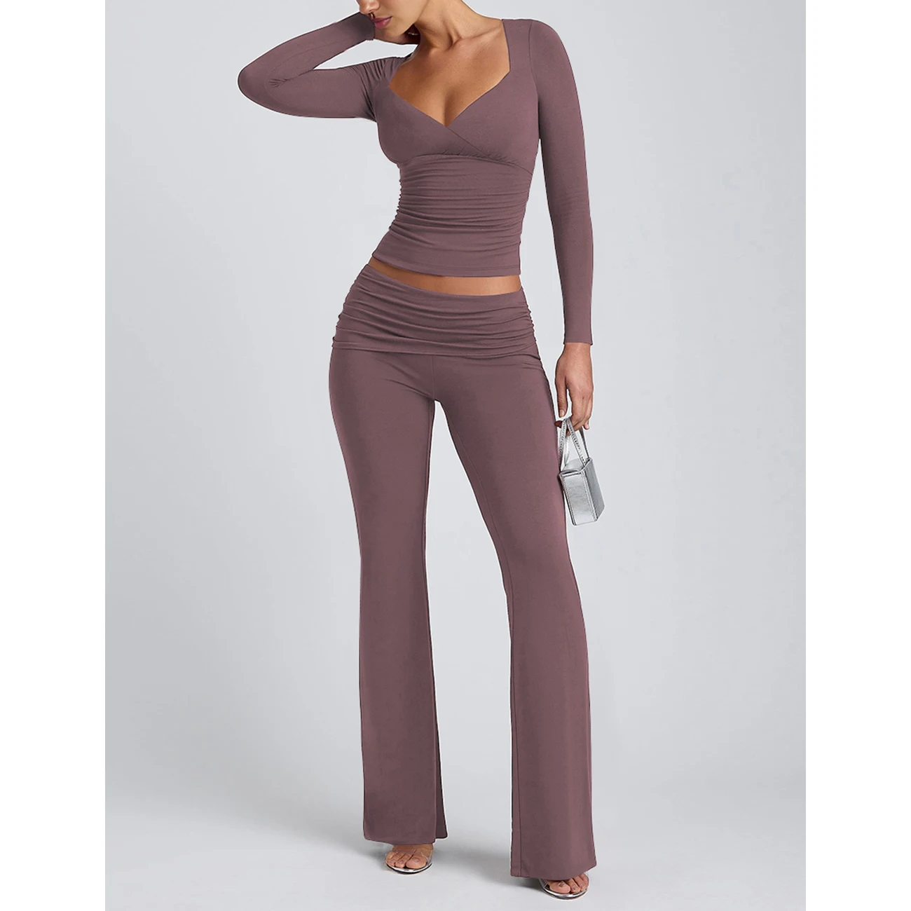 Wholesale 2 Piece Set Women Fall Clothes Pleated Long Sleeve Top and Pant Two Piece Set Women Clothing