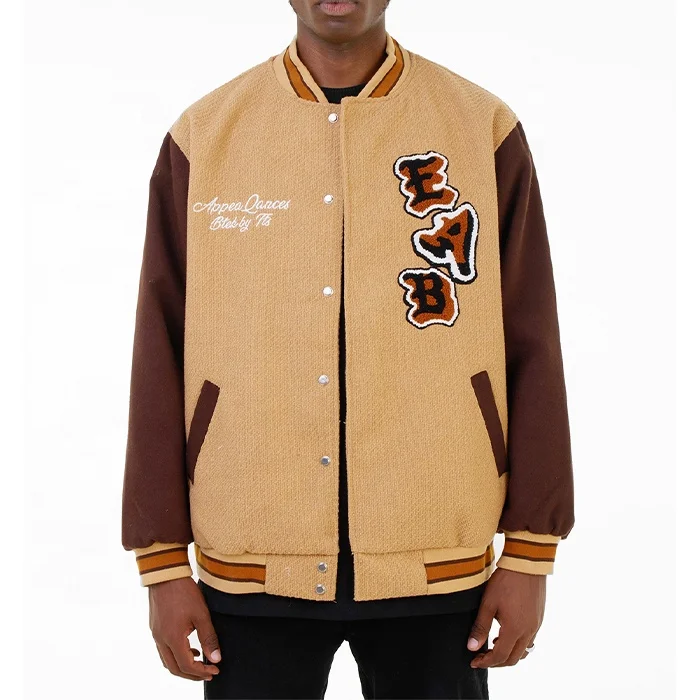 Finch Garment Custom double color patchwork patch embroidered college bomber flight letterman varsity jacket for men