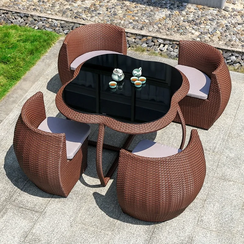 Outdoor PE plastic round gray space saving furniture garden rattan table and chairs sets