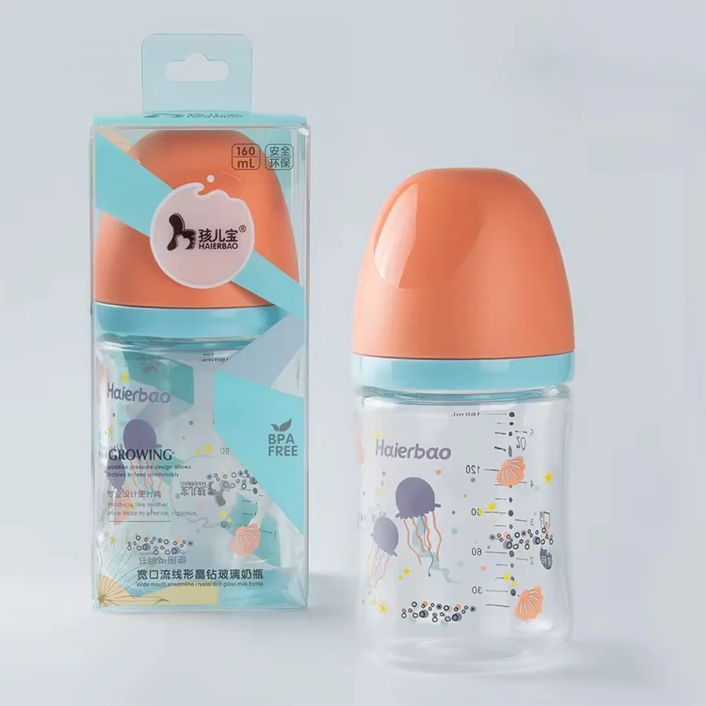 Stock High quality glass milk bottles wide mouth anti bloating newborn milk bottle breastfeeding glass bottle gift packaging set