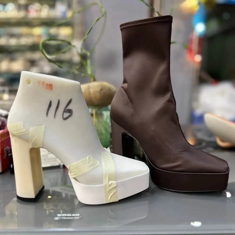 Dark Brown Pink Satin Silk Side-Zip Platform Block Heel Ankle Skinny Boots