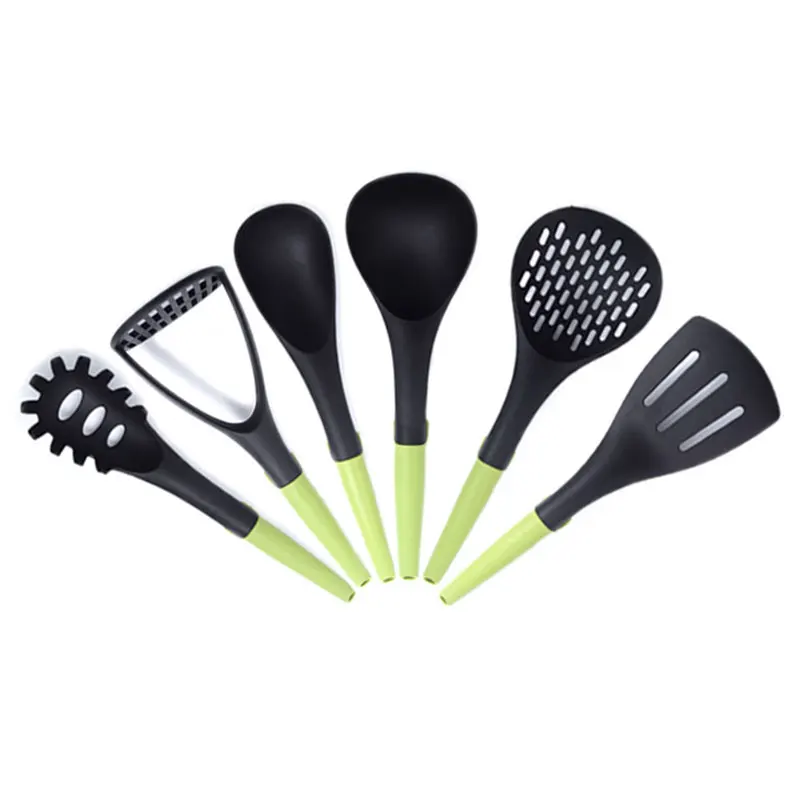 Wholesale 6 pieces nylon kitchen utensils tools set with rubber handle cooking kitchen slotted turner spatula ladle