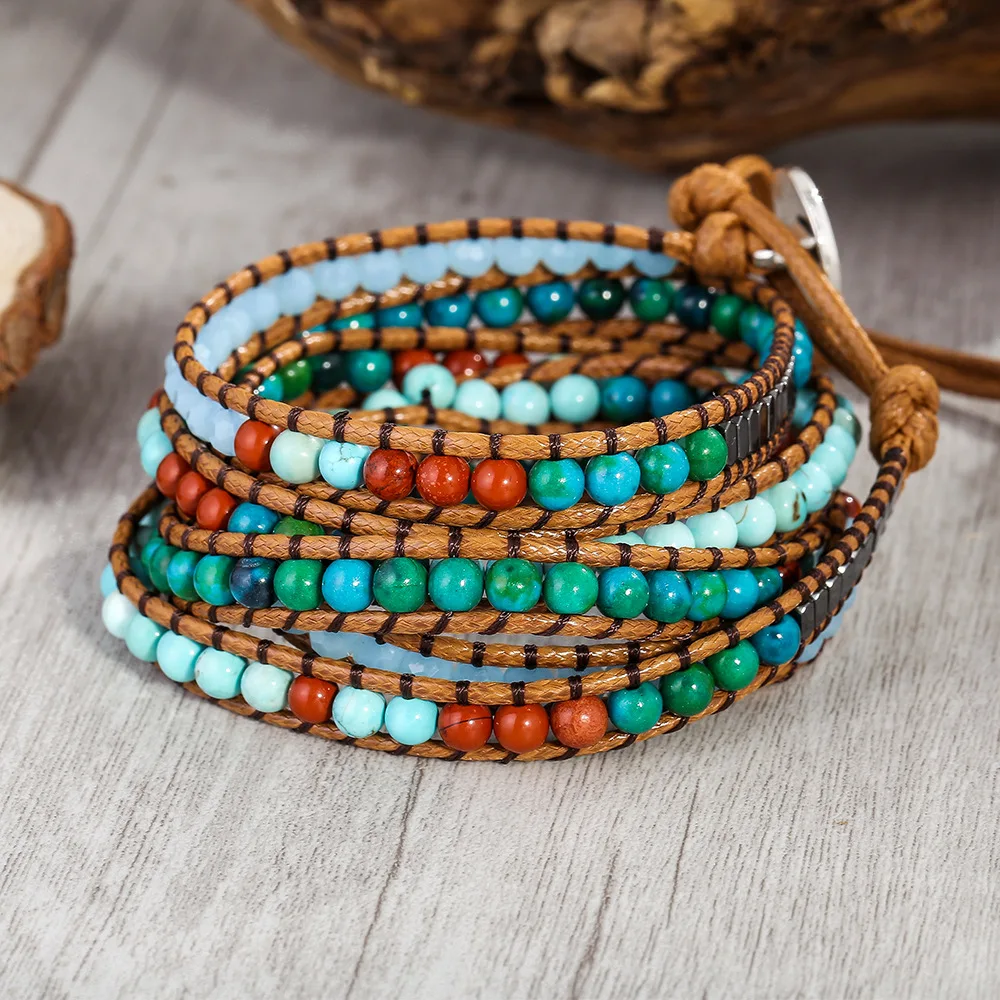 Exquisite Natural Stones Onyx Shell Beads 5 Layered Leather Wrap Bracelets Femme Boho Penta Cyclic Leather Wrap Bracelet