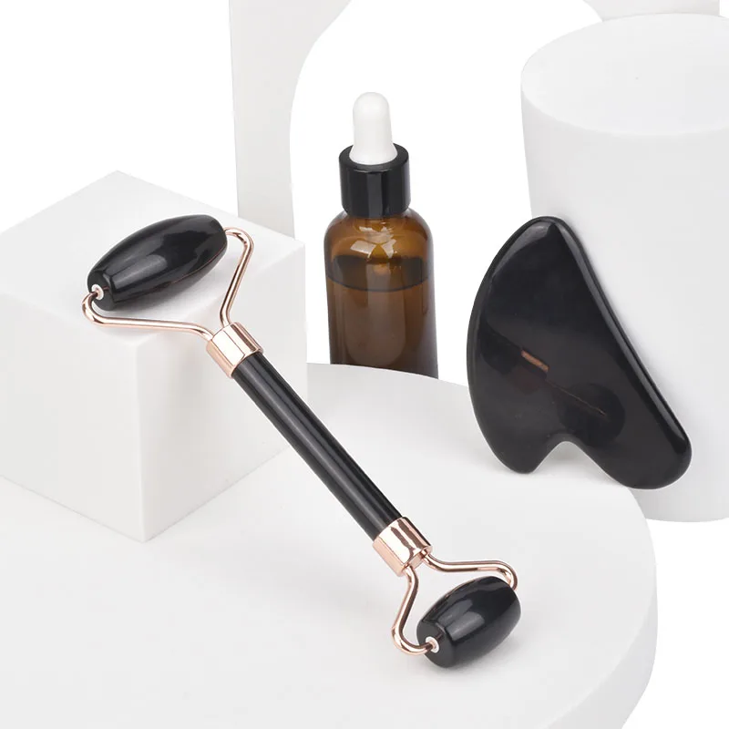 
OEM ODM 100% Natural stone Black Obsidian Jade Roller Private Label ,Jade Face Roller And Gua Sha Massage Set 