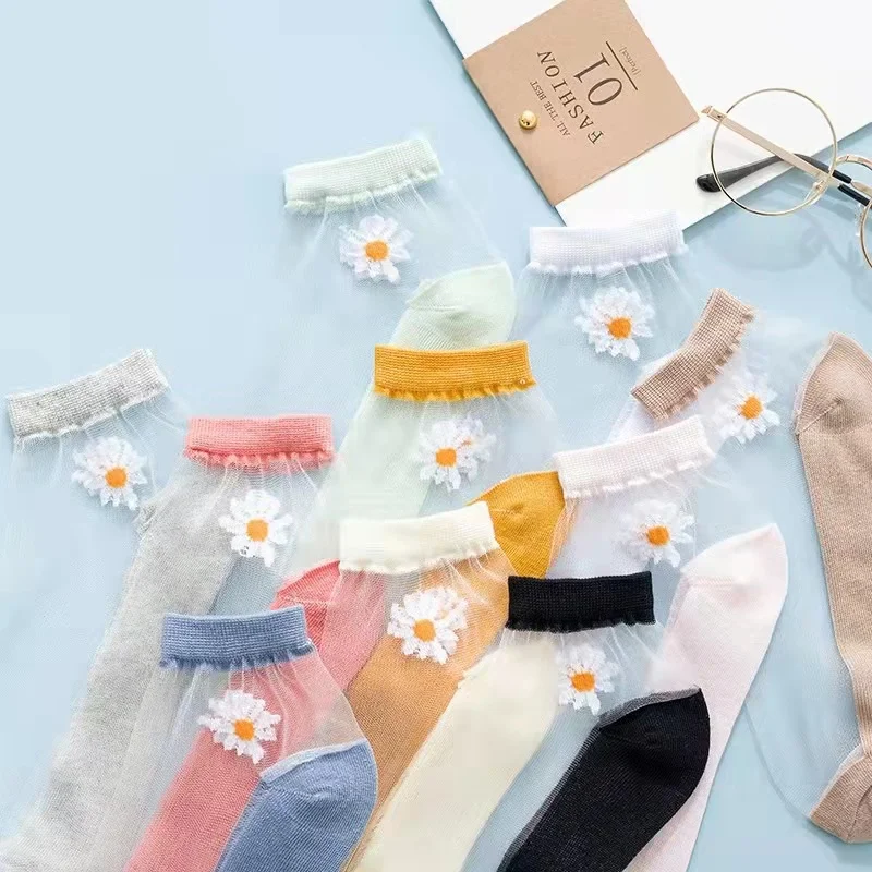 Summer thin breathable women ankle crystal silk crew sheer socks