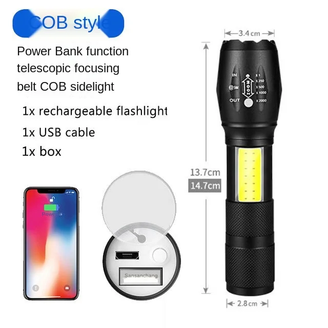 COB XPE dual-use USB telescopic focusing work lamp Rechargeable flashlight