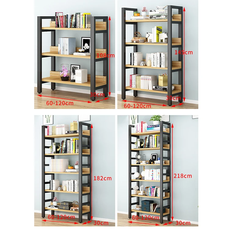 Modern Style Bookcase Wooden Vintage Wood and Metal Bookshelf MDF Display Floor Standing Storage Book Shelf