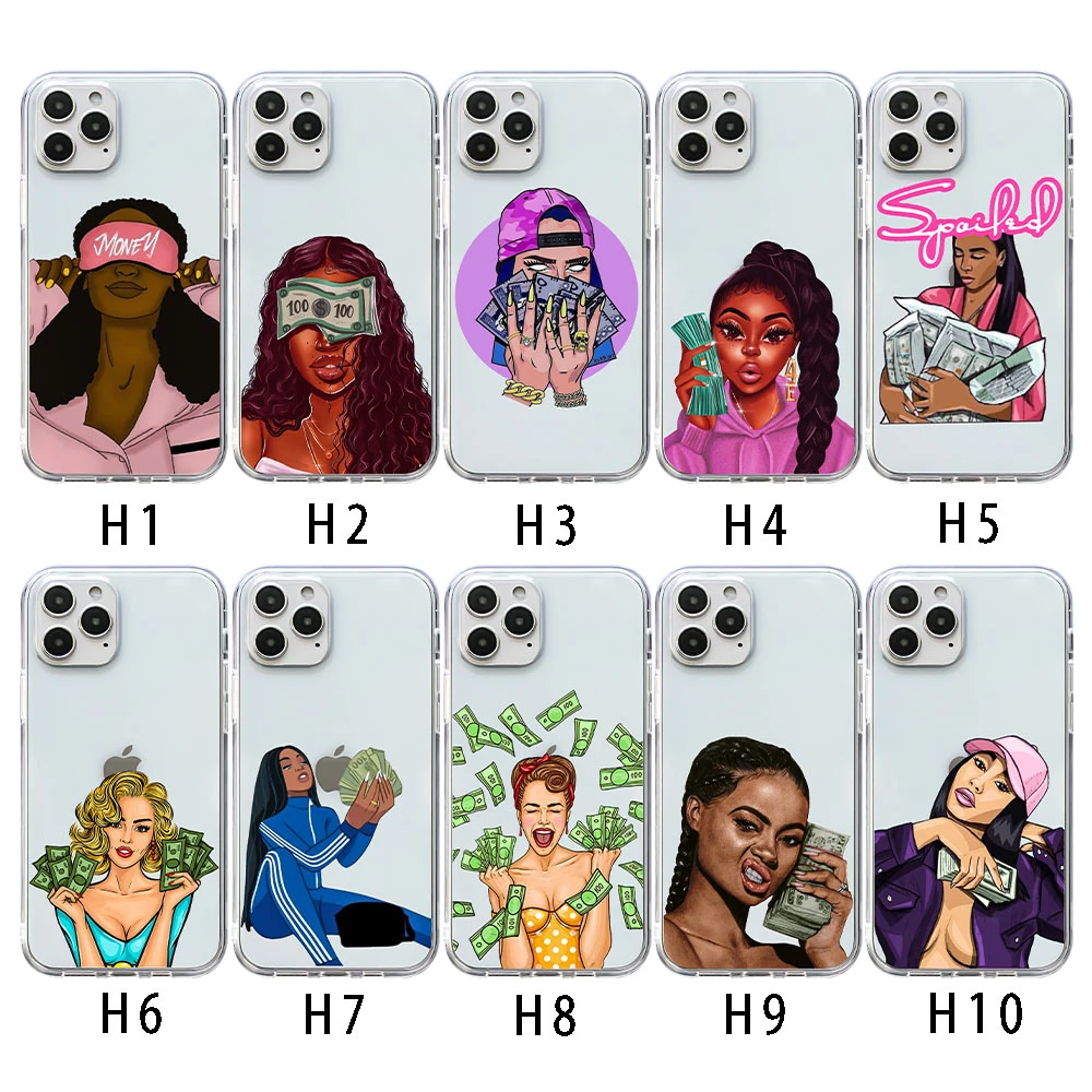 Cartoon money painting black girls Soft TPU Mobile Phone Case For iPhone 12 PRO MAX