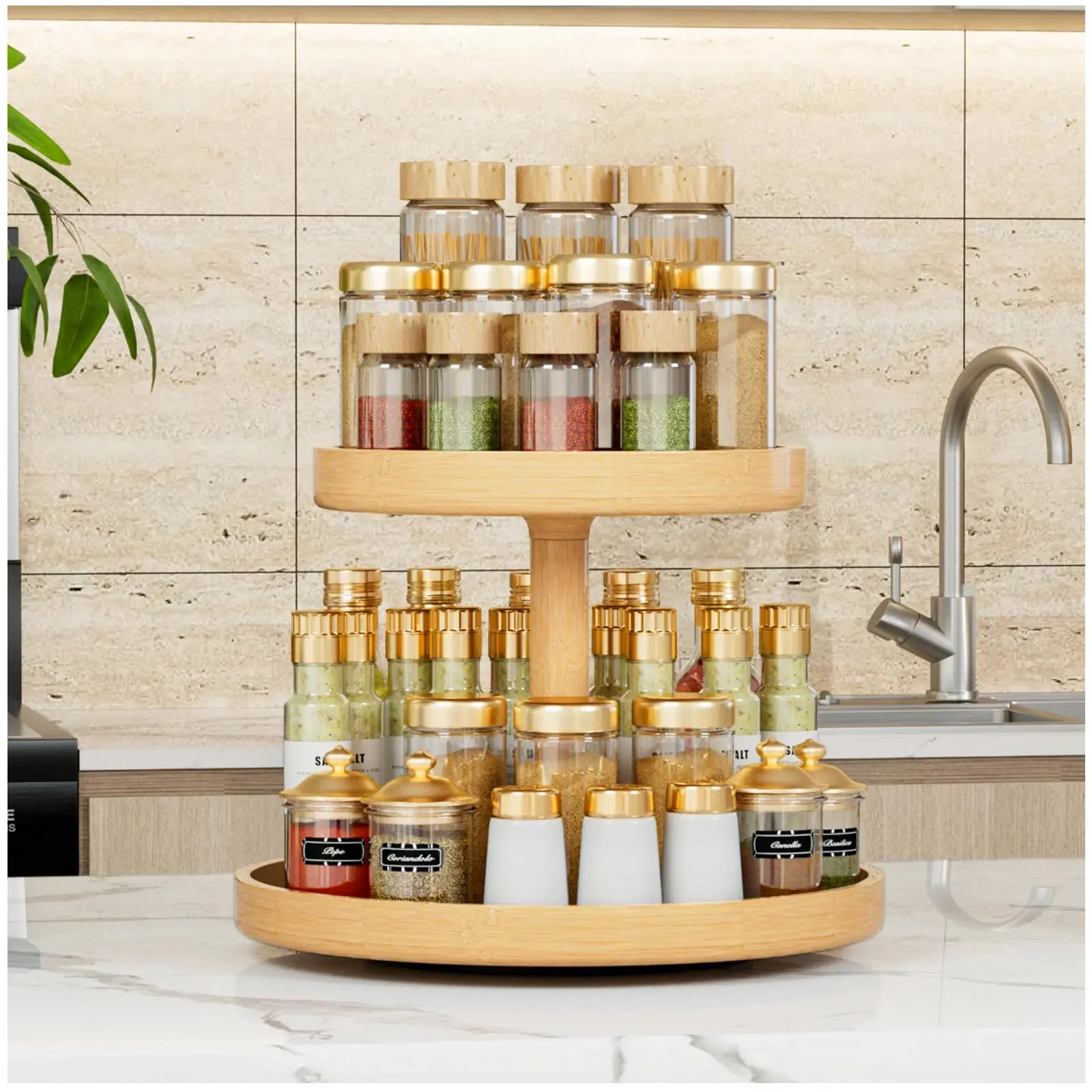 2 Tier Bamboo Lazy Susan Organizer for Kitchen Turntable for Cabinet Turntable Organizer for Cabinet Pantry Table Organization