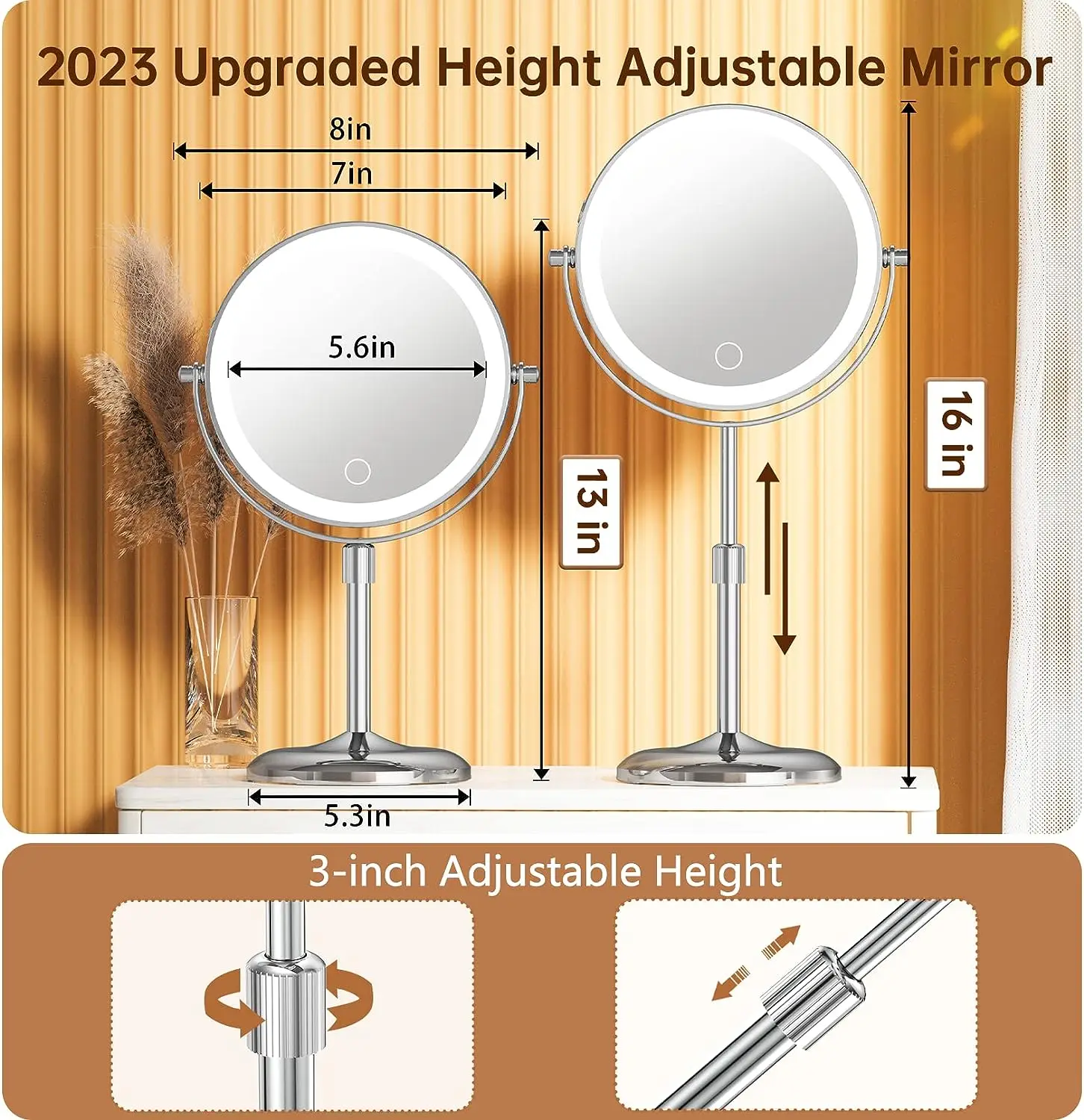 7 Inch 1500mah USB Rechargeable Battery Operated Metal Frame Lighted Double Sided Makeup Vanity Cosmetic Mirror