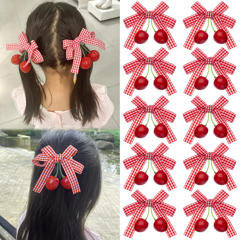 Korean Style Children Hairpin Little Girl Sweet Red Plaid Hair Bows with Candy Cherry Hair Clip Hair accessories for Children