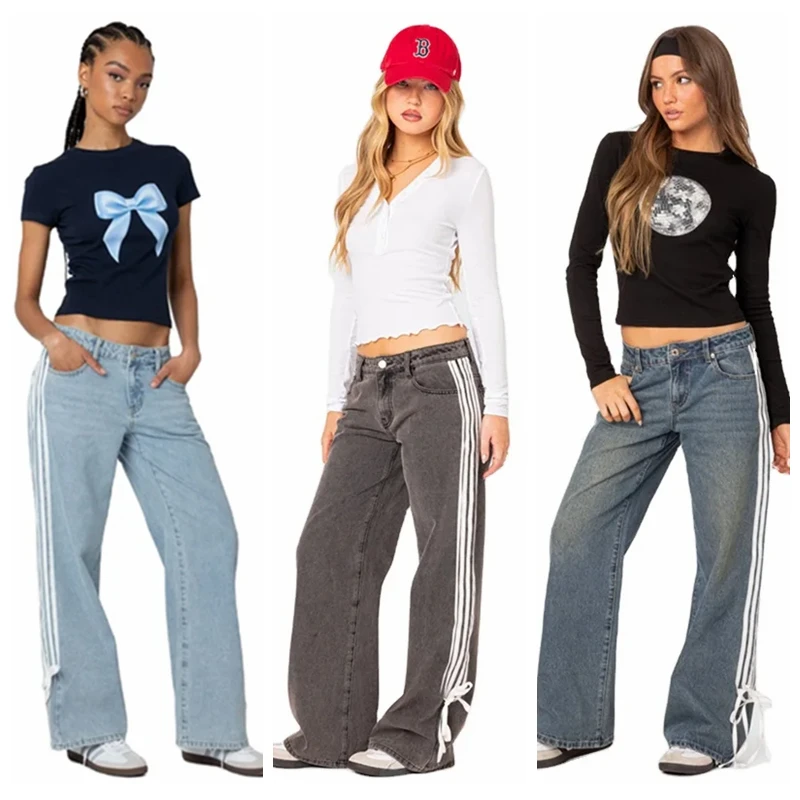 Channel Streetwear Y2K Girl Boyfriend Jeans For Ladies Stripe Side Bow Flared Straight Leg Denim Jeans 2024