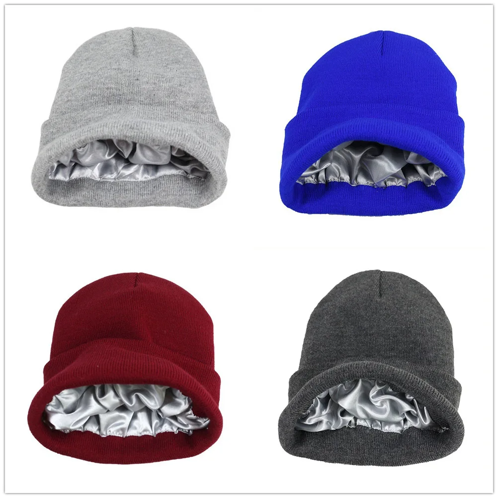 Satin Lined Beanie Hats with Simple Knit Hats Are Available Daily Autumn and Winter Optional Plush Unisex Adults Multicolor 90g