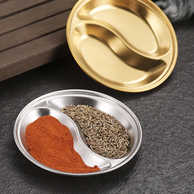 Stainless Steel Spice Soy Sauce Dish Round Tray With 2/3 Compartment Divided Plate For Kitchen Restaurant Dipping Sauce