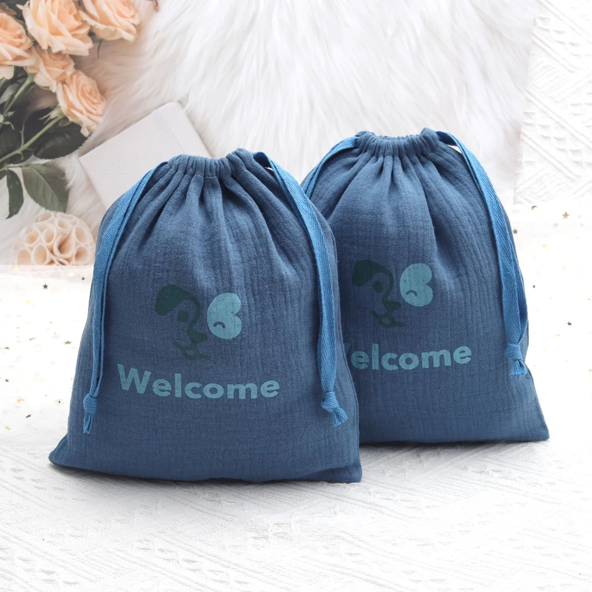 Hot Sale Blue Gauze Cotton Packaging Bag For Baby Clothing Custom Logo Printed Soft Gauze Cotton Dust Drawstring Pouch