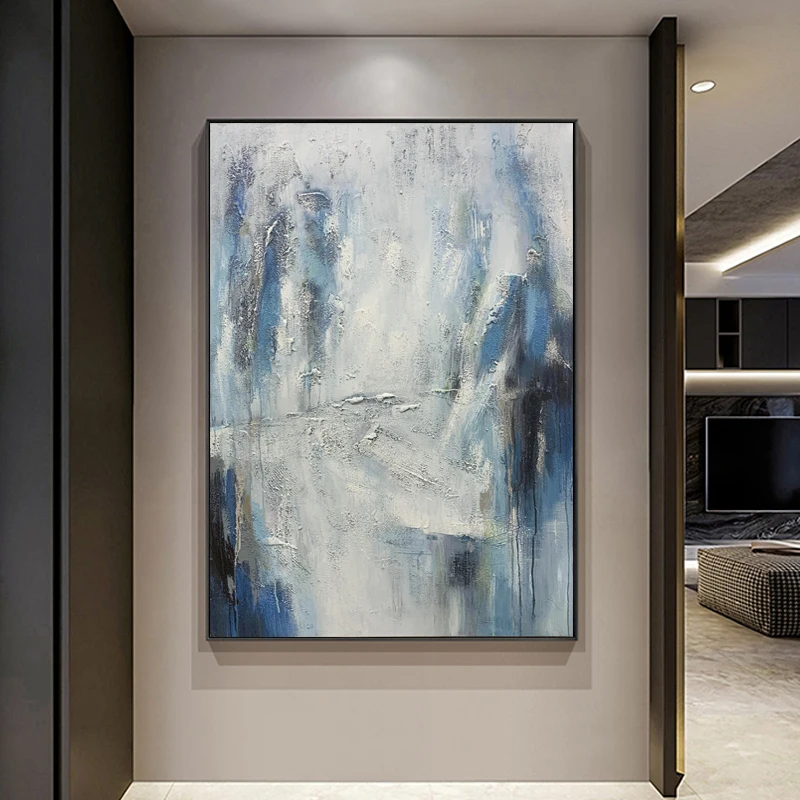 Large Abstract Oil Painting Handmade Modern Silver Black and Silver Wall Art Canvas for Living Room Artwork Frame Wall