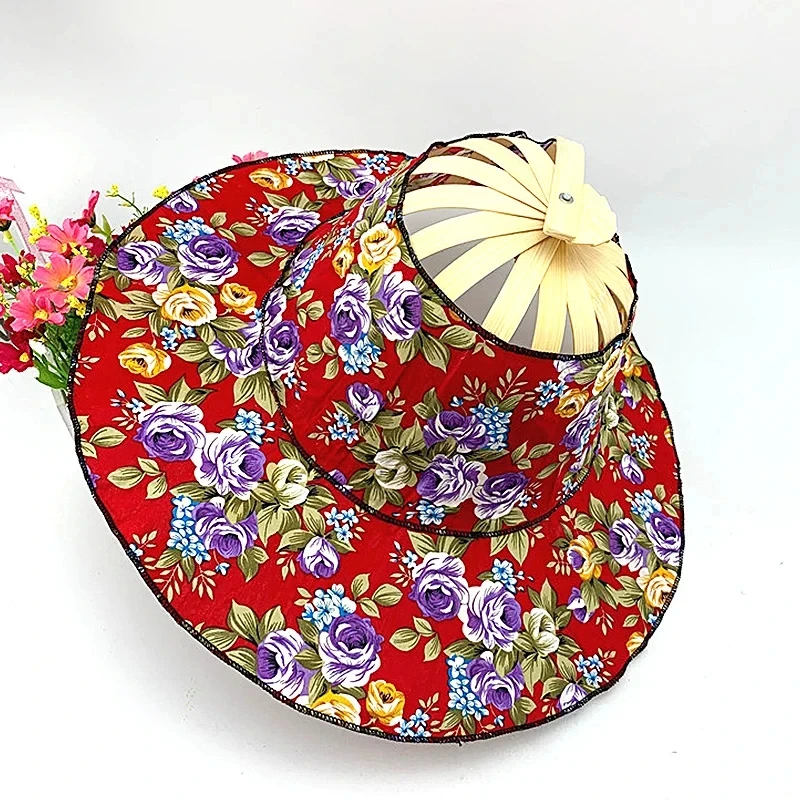 Fashionable Bamboo Fan Hat Summer Flower Pattern Hand Fan Foldable Beach Hat for Travel