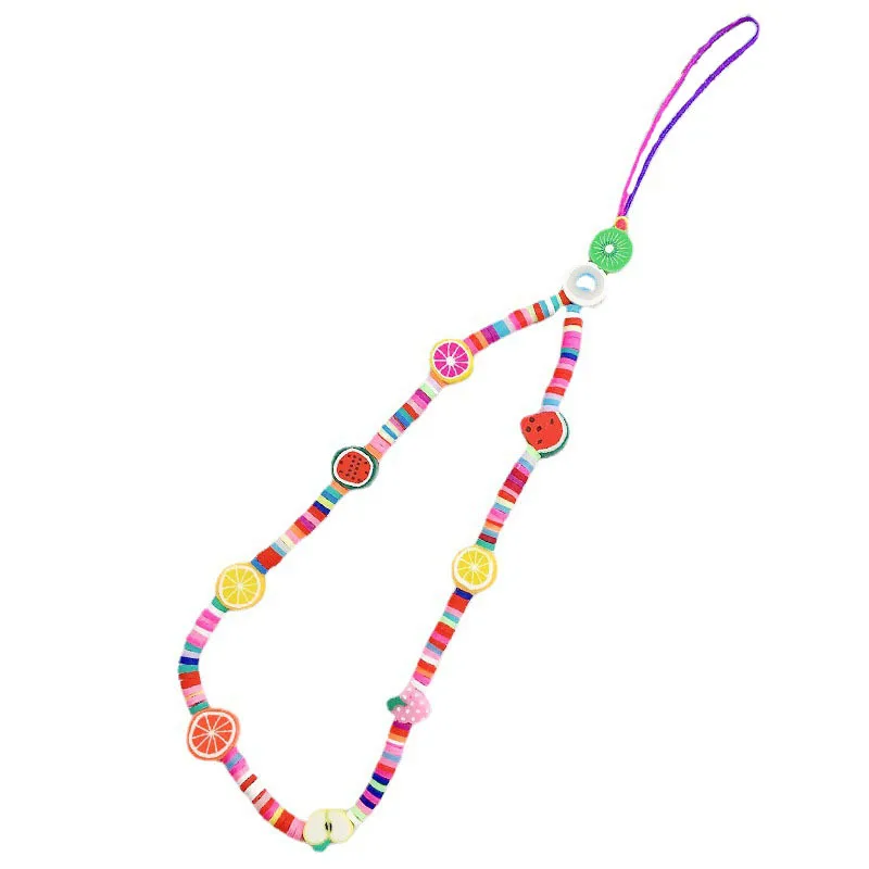 Wholesale Handmade Rainbow Color Smiley Face Fruit Pearl Polymer Clay Beaded Phone Lanyard Wrist Strap Mobile Phone Charm Chain