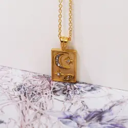 Luxury Necklace Women Moon Star Zirconia Pattern Gold Dipped Necklace Stainless Steel Statement Necklace