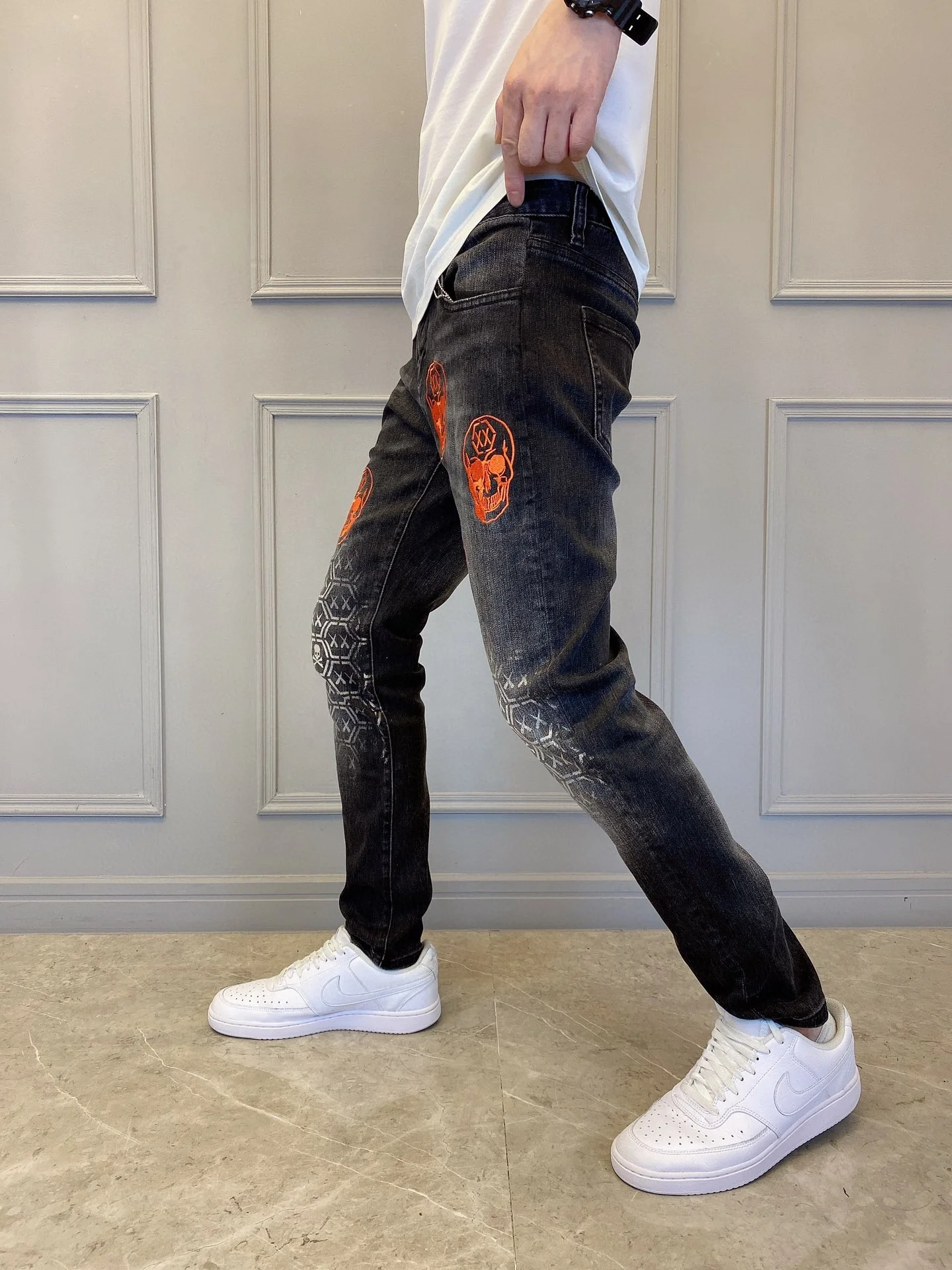 SKYKINGDOM new design fashionable jeans for men human skeleton printed high quality mens jeans casual black skinny jeans