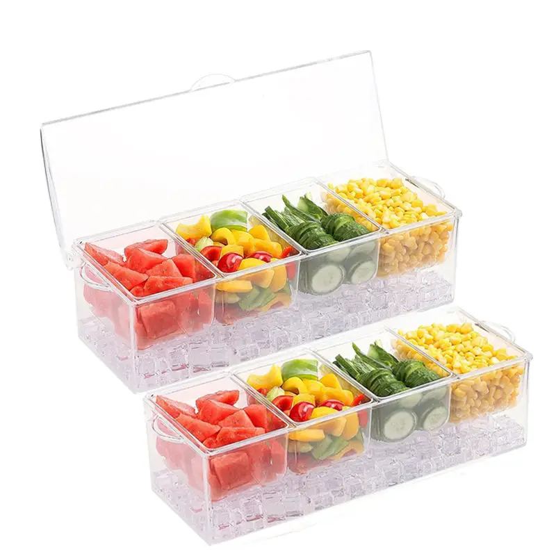 Plastic Clear Fruit Condiment Servers Ice Chilled Serving Ice Tray Acrylic Ice Chilled Condiment Caddy with 5 Containers