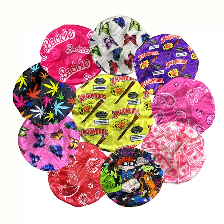 
wholesale satin bonnets logo custom women silk hair Bandana Butterfly Money Backwoods Wap Rugrat satin cartoon bonnet 