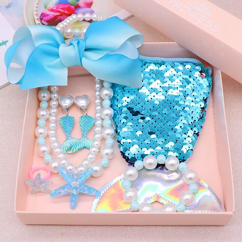 Kids Necklace Bracelet Ring Ear Clip Set Cute Starfish Necklace Girls Jewelry Set