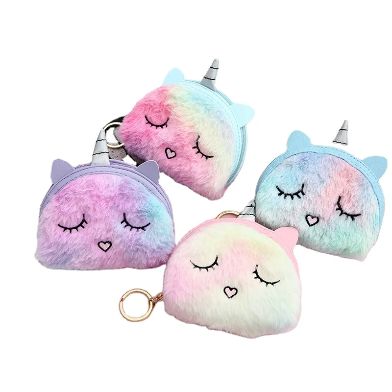 Small Rainbow  Unicorn Fuzzy  Fluffy  plush fur bag change coin pouch purse