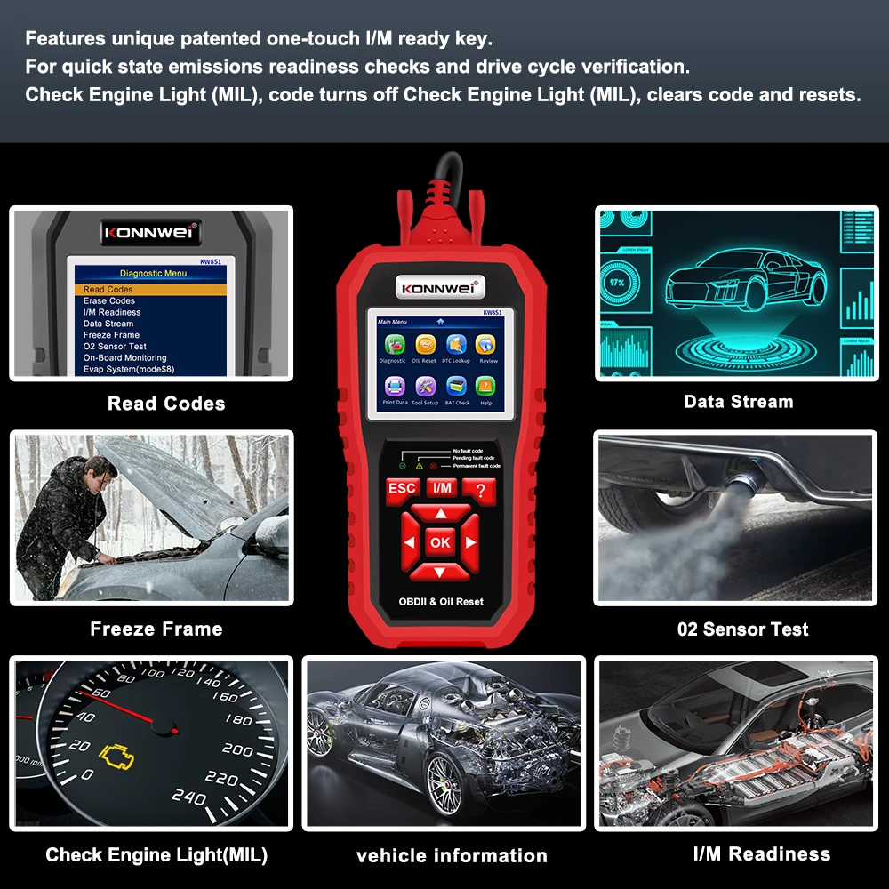 Oil Light/Service Reset Tool OBD2 EOBD Car Diagnostic Scanner KONNWEI KW851