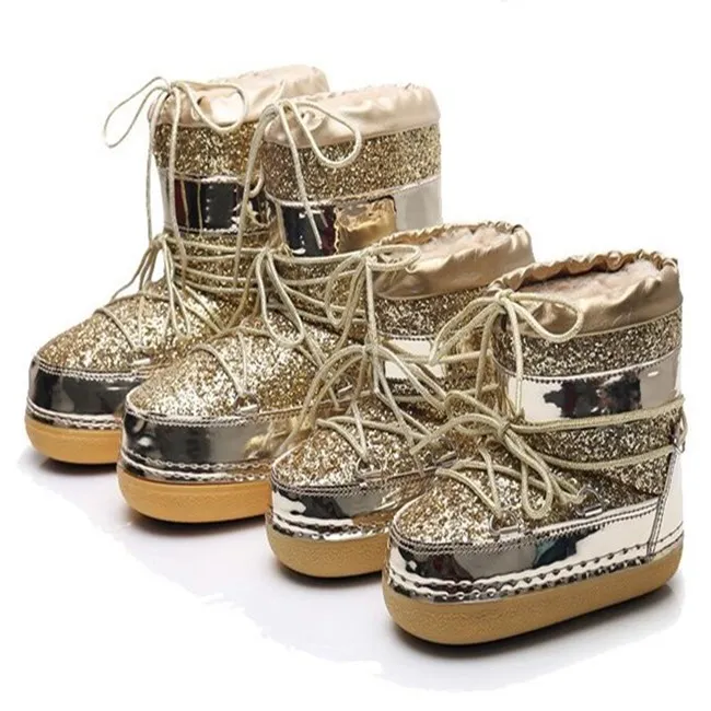 Winter hot soled sequined lace-up warm fleece fashion and comfort non slip waterproof moon shoes for women