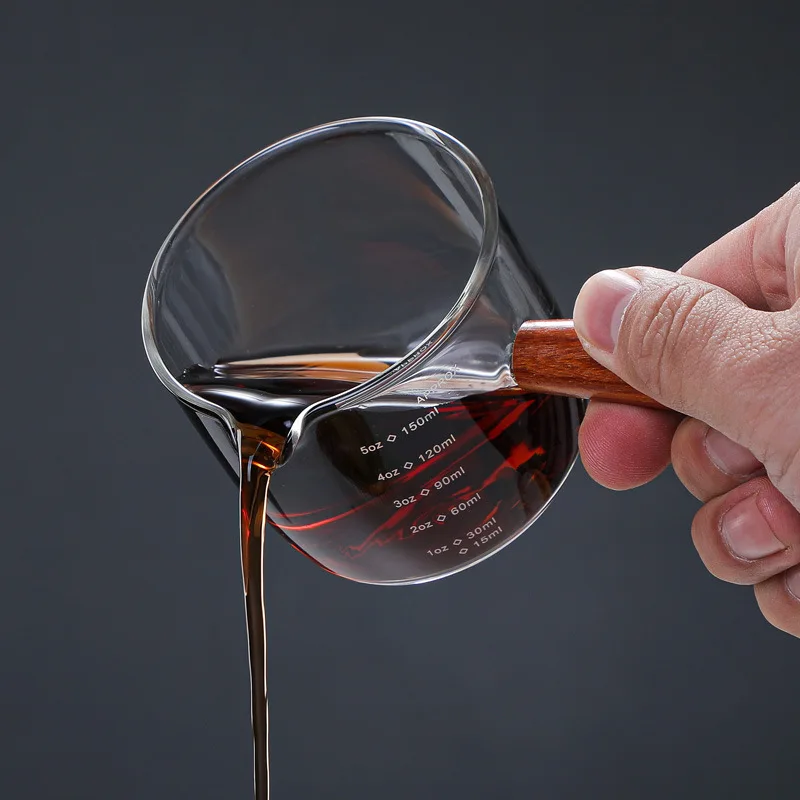 One Spouts Measuring Triple Pitcher Milk Cup with Wood Handle 40ML 75ML 150ml Espresso Shot Glasses Parts Clear Glass dispenser