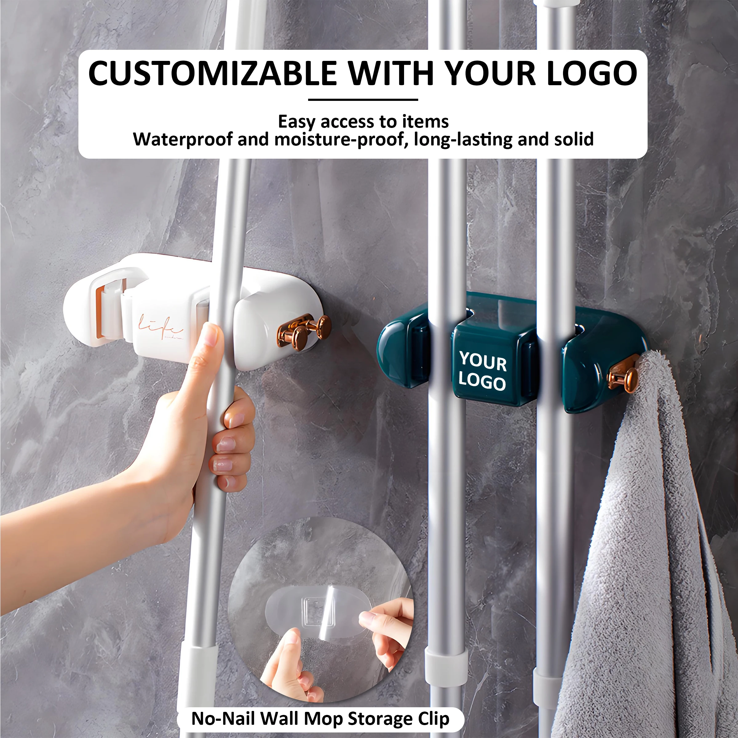 Hot Home Wall-Mounted Multifunctional Bathroom Storage Racks Hole-Free with Rag Hooks and Broom Mop Clip Storage