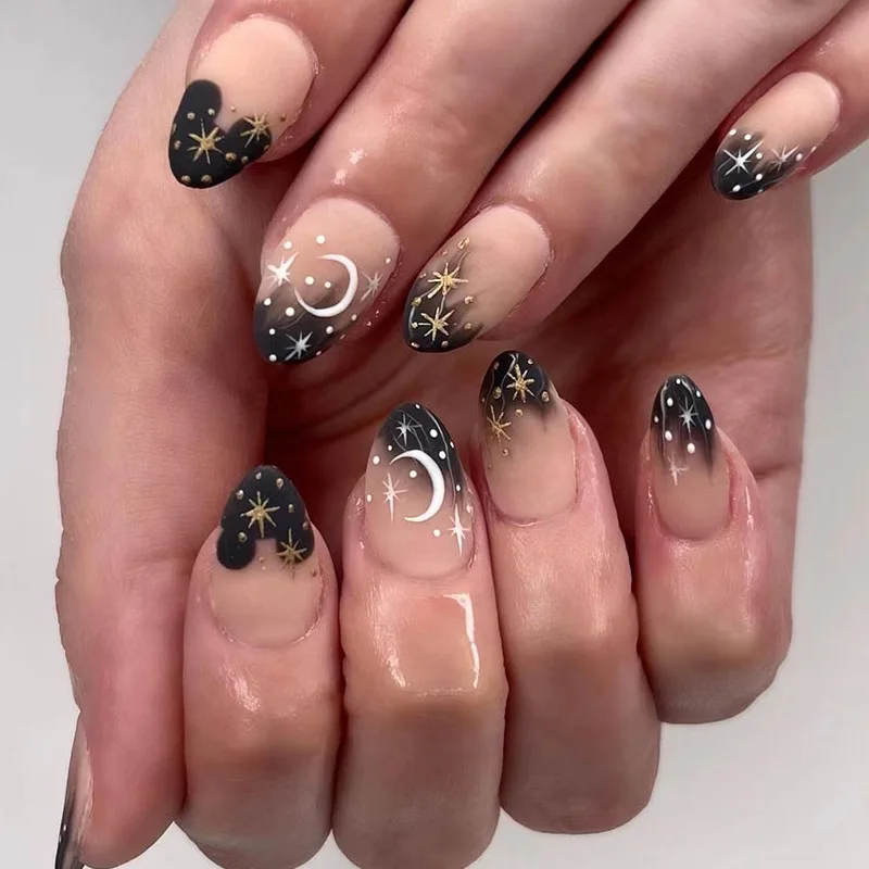 Wholesale Acrylic Press On Nails Frosted Black French White Moon Gold Star False Nails For Manicure
