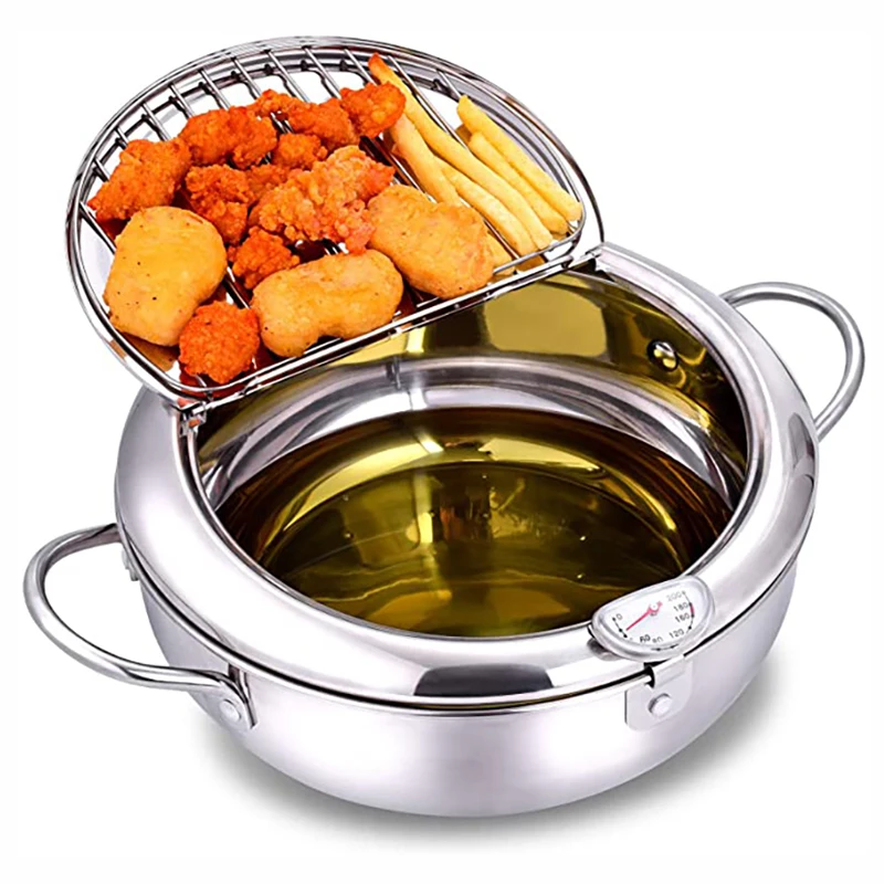 Japanese Deep Frying Pot with a Thermometer and a Lid 304 Stainless Steel Kitchen Tempura Fryer Pan 20 24 cm