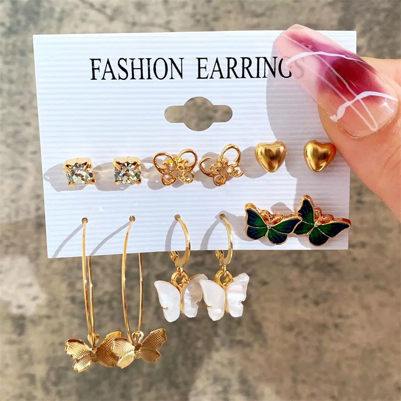 Vintage Geometric Gold Pearl Silver Plated Dangle Earrings Heart Butterfly Hoop Earrings set Fashion Women Jewelry Trendy