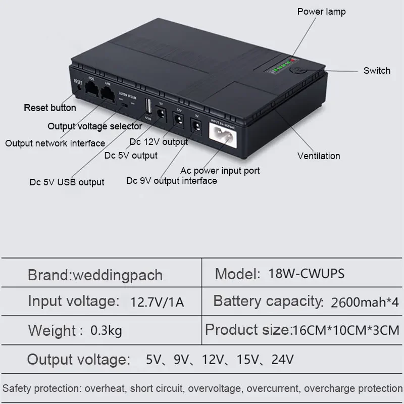 10000mah Rechargeable Portable Output DC 12v 9v 5v Poe Net Work 15v 24v Backup Mini Ups For Wifi Router