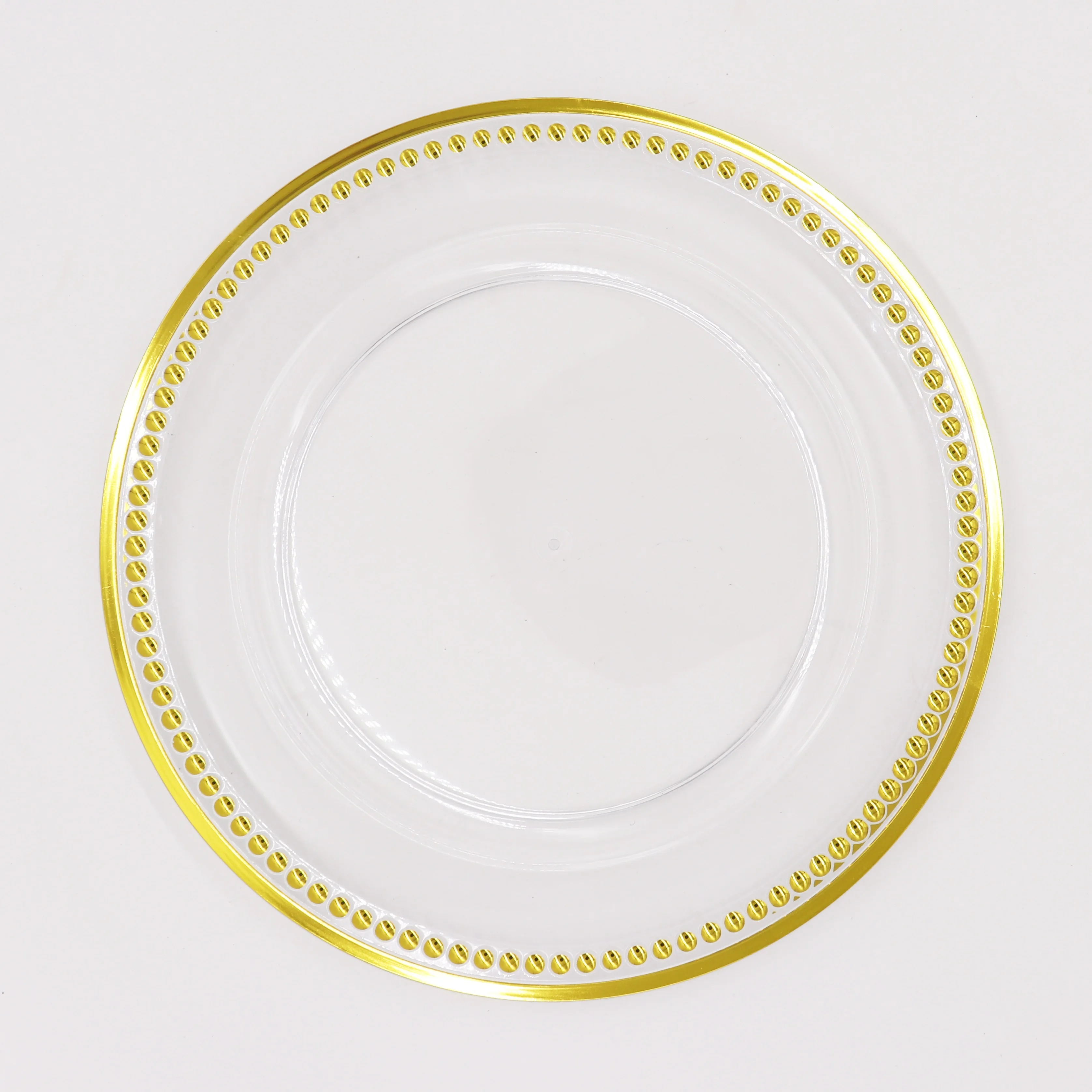 Custom Tabletop Round Clear Plastic Plate Festival Snack Serving with Gold Bead and Gold Line Edge