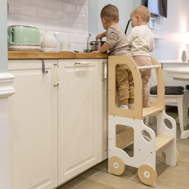 Kids Learning Tower Toddler Kitchen Stool Helper 2-in-1 Toddler Kitchen Step Stool